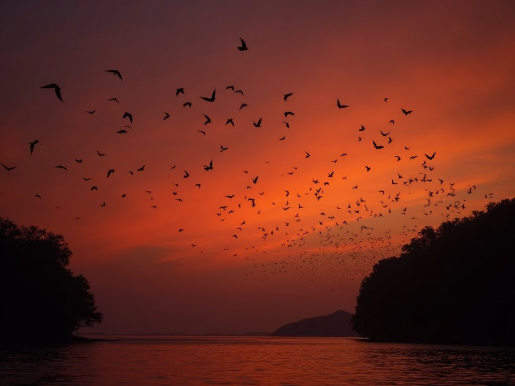 Thousands of flying foxes streaming across the dusk sky above Kalong Island's mangroves