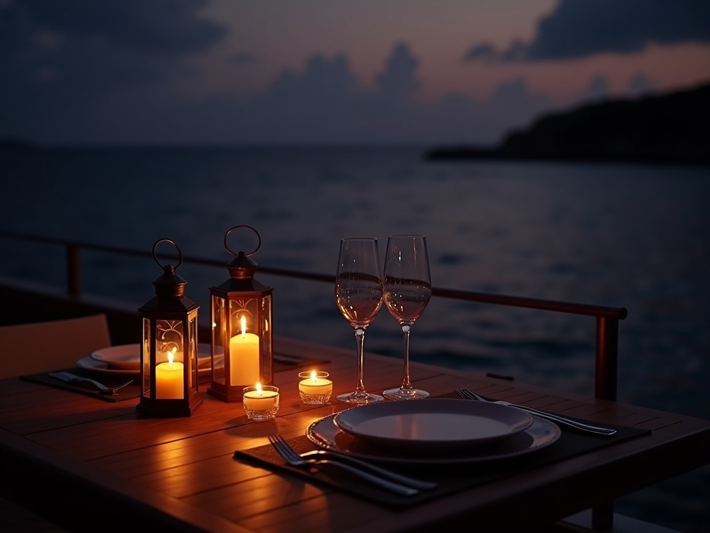 A candlelit dinner set for two on a boat deck at twilight over calm tropical water