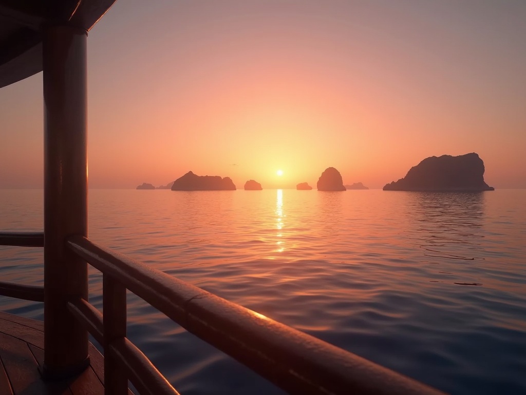 Layered island silhouettes on a calm sea seen past a boat's deck railing in warm afterglow