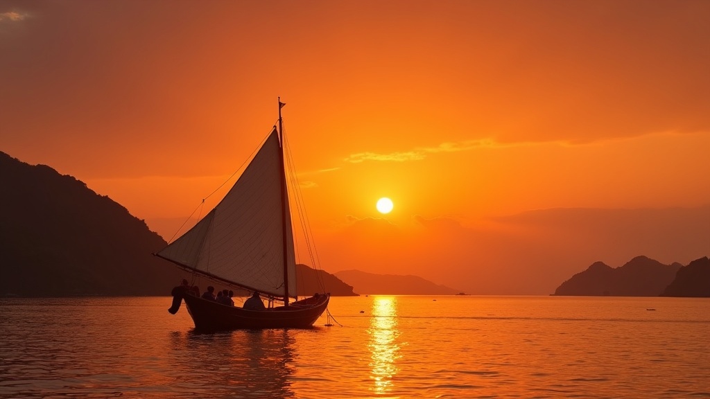 A wooden phinisi sailing on calm water as the amber sun sets over Komodo National Park islands